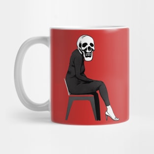 woman with skull face sitting alone abyss. skull dream platinum return. blood money Mug